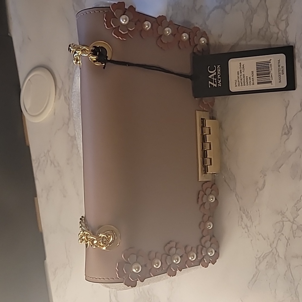 ZAC POSEN MINI EARTHETTE LEATHER SHOULDER BAG - SILVER ROSE - Picture 8 of 10
